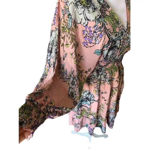 LOVE STITCH WOMENS DRESS TOP PINK FLORAL MEDIUM RUFFLE HEM LONG SLIT SLEEVE - Picture 5 of 8